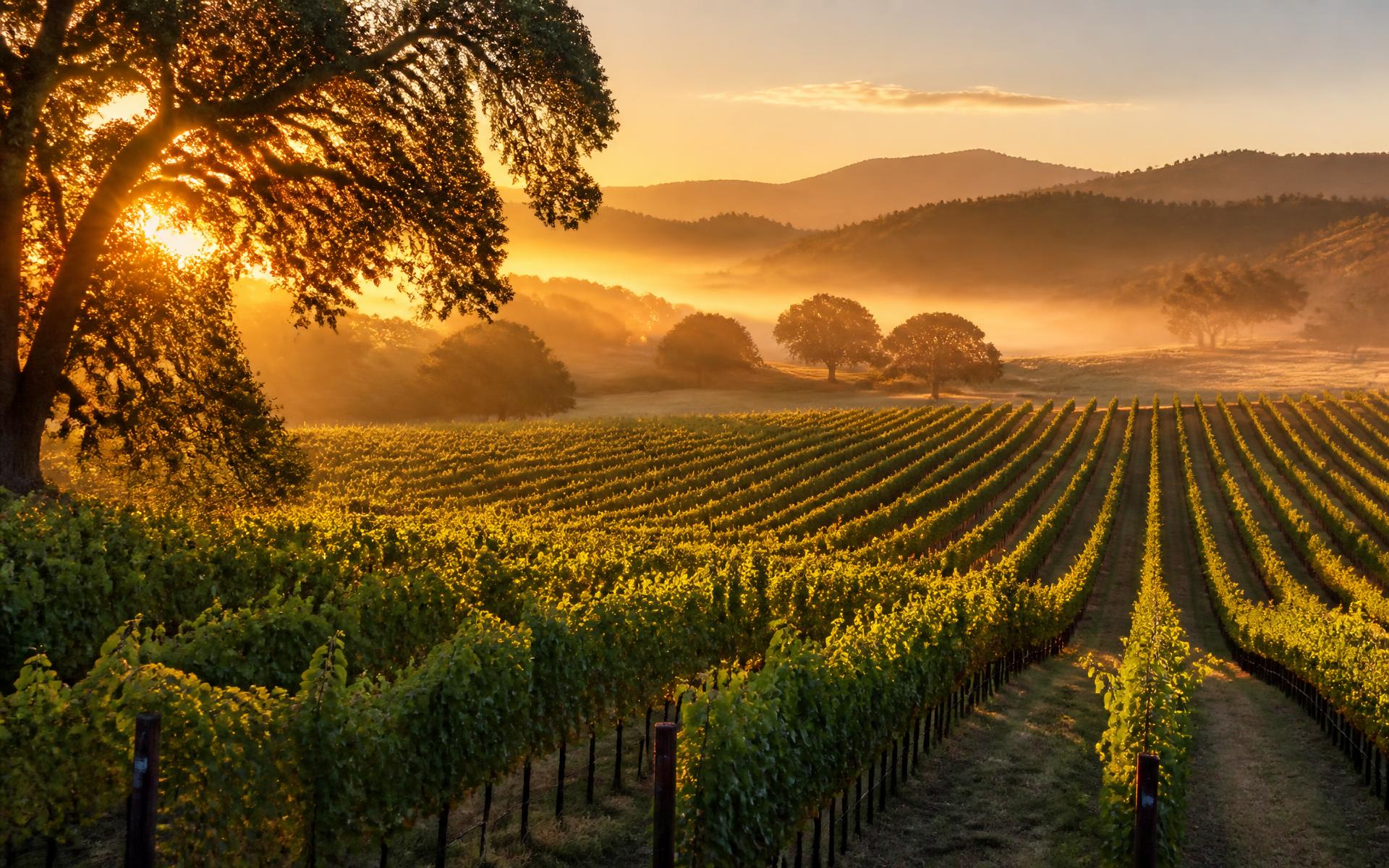 Sunrise over vineyard rows in the Healdsburg hills